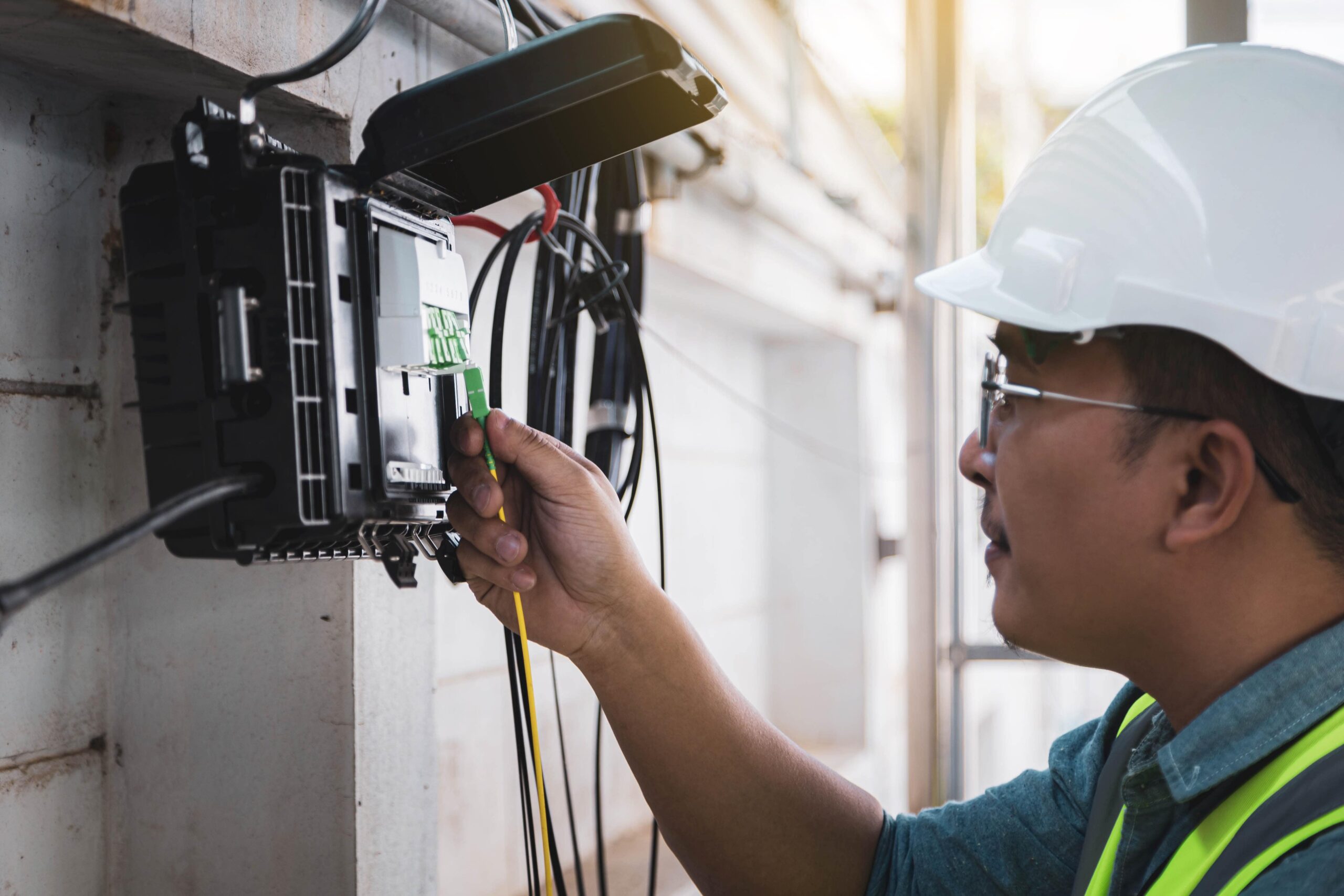 Technician works on fiber network connection.